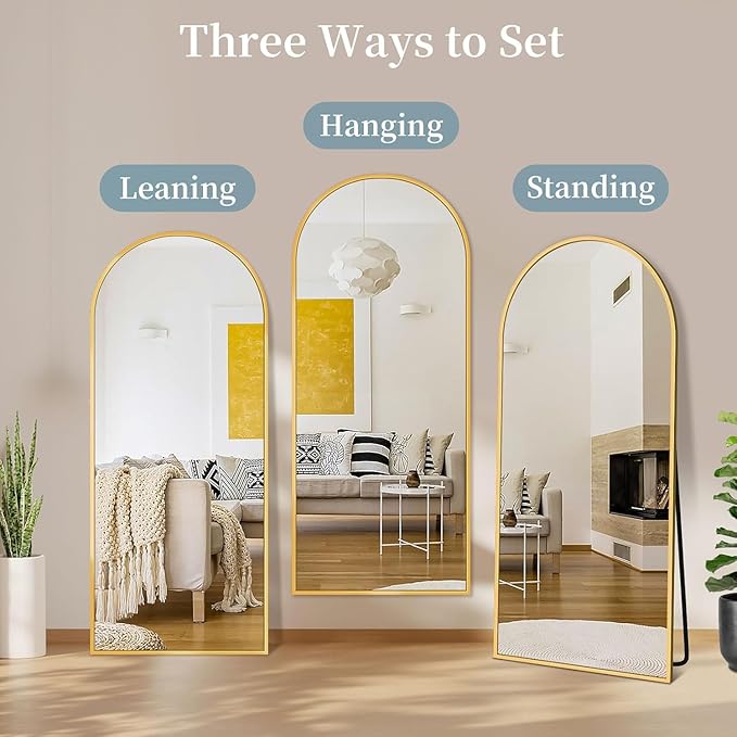 Full Length Mirror with Stand, 56"x15" Arched Full Body Mirror, Large Stand Up Aluminum Frame Floor Freestanding Hanging Leaning Mounted for Bedroom Living Room Entryway Gold