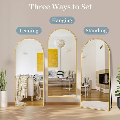 Full Length Mirror with Stand, 56"x15" Arched Full Body Mirror, Large Stand Up Aluminum Frame Floor Freestanding Hanging Leaning Mounted for Bedroom Living Room Entryway Gold