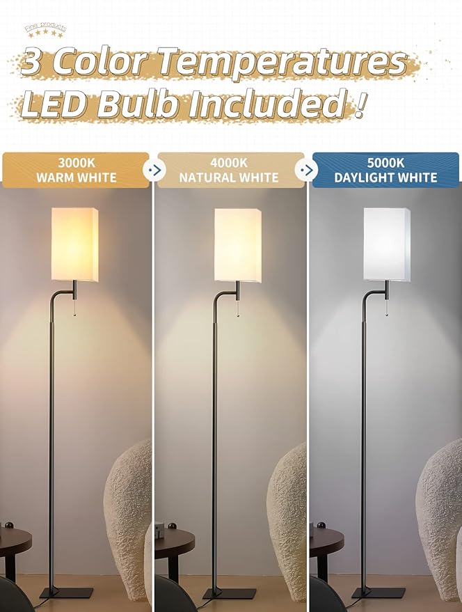 Modern Floor Lamp with 3 Color Temperatures, Square Linen Shade & Solid Iron Flat Base for Stability - Perfect for Compact Spaces Under Sofas or Behind Sectionals, Living Room, Bedroom, Office