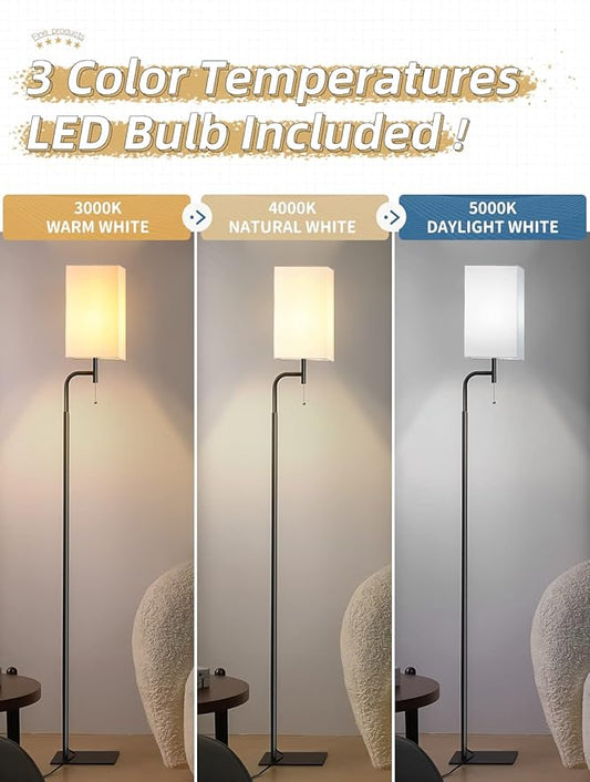 Modern Floor Lamp with 3 Color Temperatures, Square Linen Shade & Solid Iron Flat Base for Stability - Perfect for Compact Spaces Under Sofas or Behind Sectionals, Living Room, Bedroom, Office