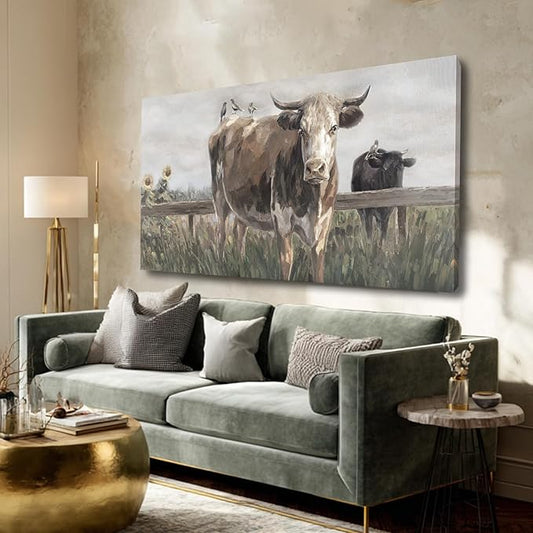 ZENPEE Black and Brown Cow Canvas Wall Art Painting – Rustic Farmhouse Vintage Animal Decor for Living Room & Bedroom, 24 x 48 Inch
