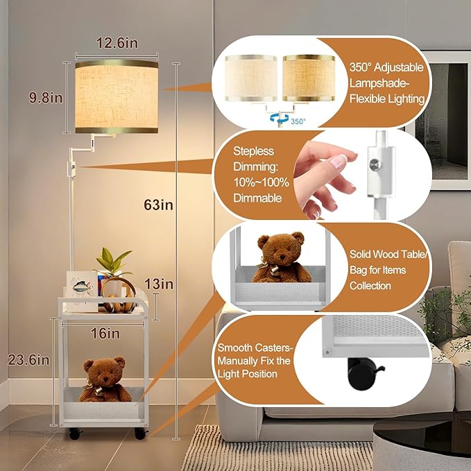 Lightdot 63IN Floor Lamps with Table&Basket, Modern Standing Tall Lamps with Adjustable Fabric Shade and Movable Casters, End Table Lamp for Living Room/Sofa Beside/Corner Decor-White(Bulb Included)