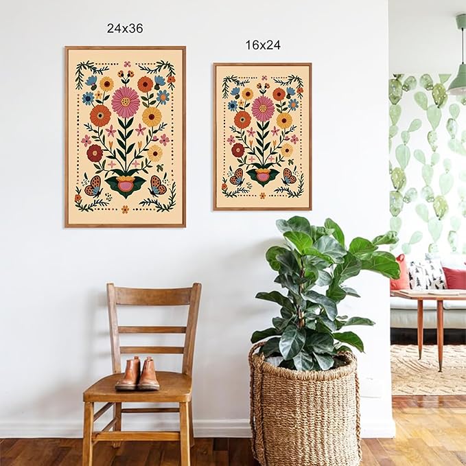 HLNIUC Vintage Flower Wall Art Canvas,Desert Plant Wall Art,Flower Butterfly Artwork,Retro Floral Painting,Cactus Painting,Botanical Framed Decor,William Morris Prints for Living Room Bedroom- 24x36x3