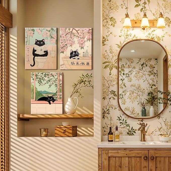 Japanese Bathroom Wall Art Set of 3, Cute Black Cat Bathtub Wall Decor, Funny Animal Reading Newspaper Canvas Prints for Bathroom Bedroom Laundry Room 16x24 inch Framed