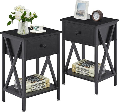 VECELO End Tables, Modern Nightstand with Drawer & Shelf, Night Stand for Bedroom Living Room,Industrial Metal Frame