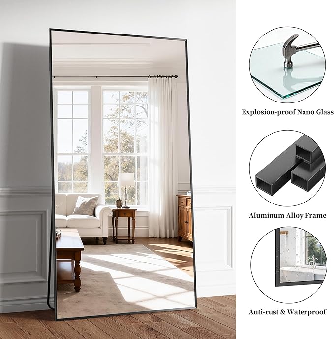 Full Length Mirror, 76"x34" Large Floor Mirror with Stand, Tall Full Body Mirrors for Bedroom, Hanging Mounted for Living Room Cloakroom, Aluminum Alloy Frame, Black