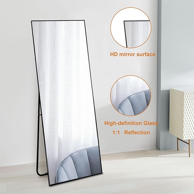 NeuType Full Length Mirror, 59"x16" Full Body Mirror with Stand Floor Mirror Full Length Standing Mirror Wall-Mounted Mirror Hanging or Leaning Against Wall Aluminum Alloy Thin Frame (Black)