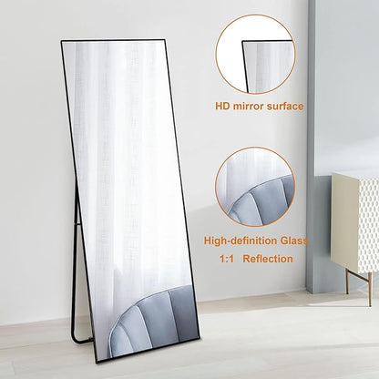 NeuType Full Length Mirror, 59"x16" Full Body Mirror with Stand Floor Mirror Full Length Standing Mirror Wall-Mounted Mirror Hanging or Leaning Against Wall Aluminum Alloy Thin Frame (Black)