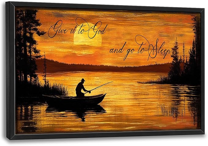 Fishing Large Wall Art for Living Room Farmhouse Give It to God and Go to Sleep Canvas Decor Rustic Fisherman Prints Painting Pictures Extra Large Farm Fish Sunset Framed Artwork for Bedroom 24"x36"