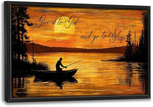 Fishing Large Wall Art for Living Room Farmhouse Give It to God and Go to Sleep Canvas Decor Rustic Fisherman Prints Painting Pictures Extra Large Farm Fish Sunset Framed Artwork for Bedroom 24"x36"