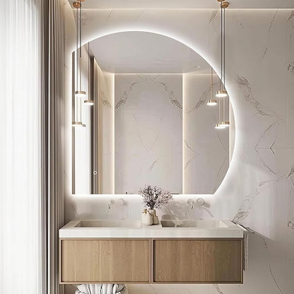 Niccy 44" LED Bathroom Mirror with Lights, Half Moon Led Mirrors, Irregular Backlit Mirrors for Entryway, Anti-Fog, Dimmable, Makeup Mirror, Explosion Proof, Round Lighted Vanity Mirrors, White Light