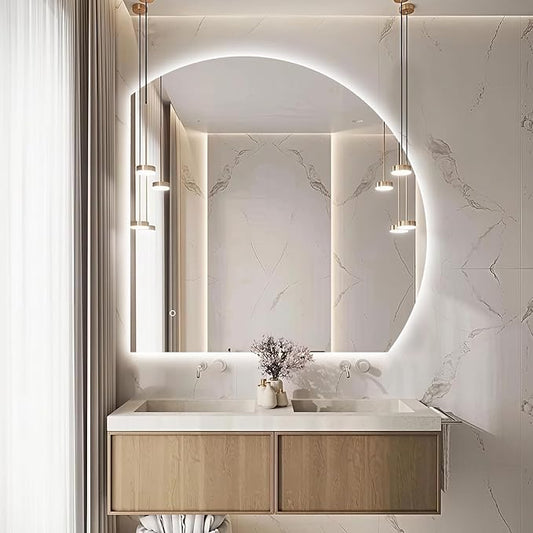 Niccy 44" LED Bathroom Mirror with Lights, Half Moon Led Mirrors, Irregular Backlit Mirrors for Entryway, Anti-Fog, Dimmable, Makeup Mirror, Explosion Proof, Round Lighted Vanity Mirrors, White Light