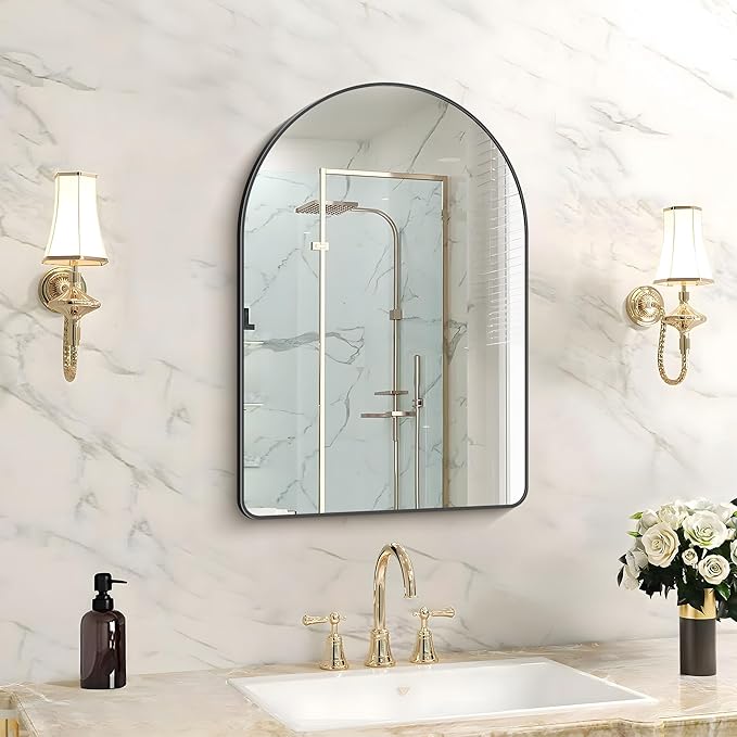FORBATH Arched Bathroom Mirror 16x24 Inch, Black Bathroom Mirror Wall Mounted Modern Aluminum Alloy Frame Arch Mirror for Bedroom Living Room Entryway, Hanging or Leaning Against Wall