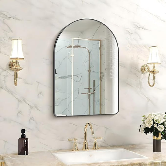FORBATH Arched Bathroom Mirror 16x24 Inch, Black Bathroom Mirror Wall Mounted Modern Aluminum Alloy Frame Arch Mirror for Bedroom Living Room Entryway, Hanging or Leaning Against Wall
