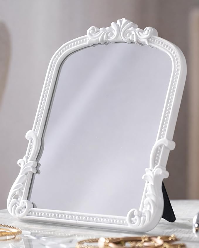 Vintage Vanity Small Mirror with Stand,Gold Decorative Mirrors for Wall,Antique Desk Eclectic Home Dresser Decor Small Mirror,Bathroom, Bedroom, Makeup Desk, Wall Entry,11.6" L x 9.0" W White