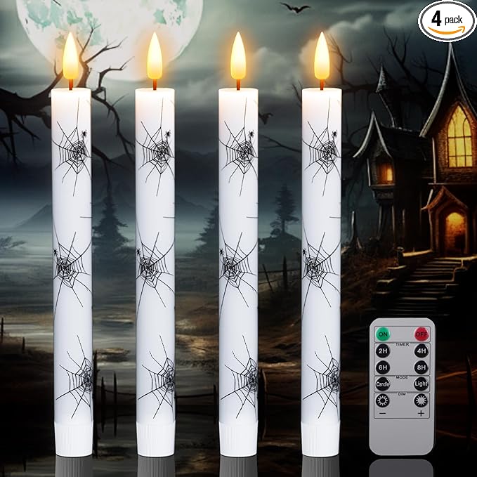 Halloween Flameless Taper Candles Battery Operated with Remote and Timer, Real Wax 3D Wick Flickering LED Taper Candle Spider Web Decals Dinner Table Halloween Decor(4 Pack, 0.78”D x 9.64”H)