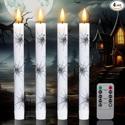 Halloween Flameless Taper Candles Battery Operated with Remote and Timer, Real Wax 3D Wick Flickering LED Taper Candle Spider Web Decals Dinner Table Halloween Decor(4 Pack, 0.78”D x 9.64”H)