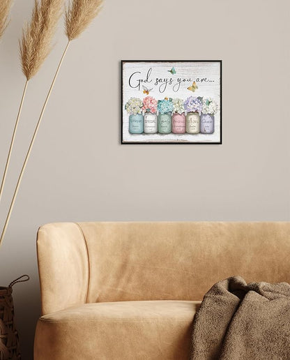 God Says You Are Wall Art: Christian Inspirational Bible Verse Wall Art Religious Scripture Encouragement Gifts for Women,Hydrangea in Mason Jar Prints Butterfly Posters Bedroom Decor 12" x 15"