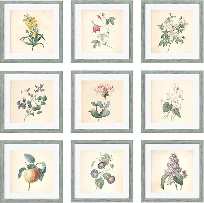 10x10 Picture Frame Set of 9, Display Pictures 8x8 with Mat or 10x10 without Mat, Multi Collage Gallery Square Photo Frames for Wall or Tabletop, Rustic Green