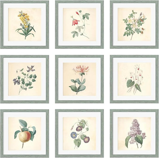 10x10 Picture Frame Set of 9, Display Pictures 8x8 with Mat or 10x10 without Mat, Multi Collage Gallery Square Photo Frames for Wall or Tabletop, Rustic Green