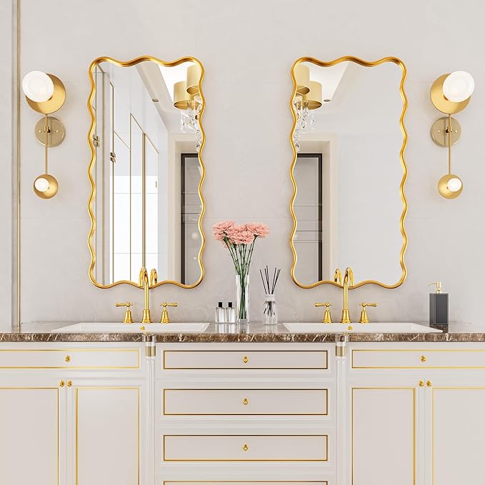 PROHOMEWARE 24 * 48" Gold Bathroom Mirror for Wall,Wavy Rectangular Mirror,Vanity Mirror,Bathroom Mirrors for Wall,Wall-Mounted Metal Frame Mirror for Bedroom Entryway Living Room Farmhouse (Gold)