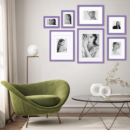 Egofine 8x10 Picture Frames 4PCS, Made of Solid Wood Display 4x6 and 5x7 with Mat Covered by Plexiglass, for Table Top Display and Wall Mounting Photo frame, Purple