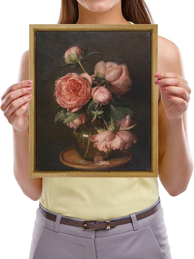 Pyradecor Framed Wall Art Vintage Coquette Room Decor Pfingstrosen Canvas Prints Classical Floral Painting for Living Room Bedroom Farmhouse Decorations