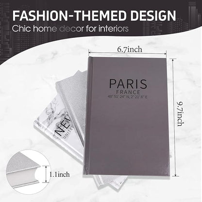 Set of 3 Decorative Books for Home Decor-Silver Foil Stamping Decor Books,Fashion Designer Books for Coffee Tables and Book Shelf Decoration