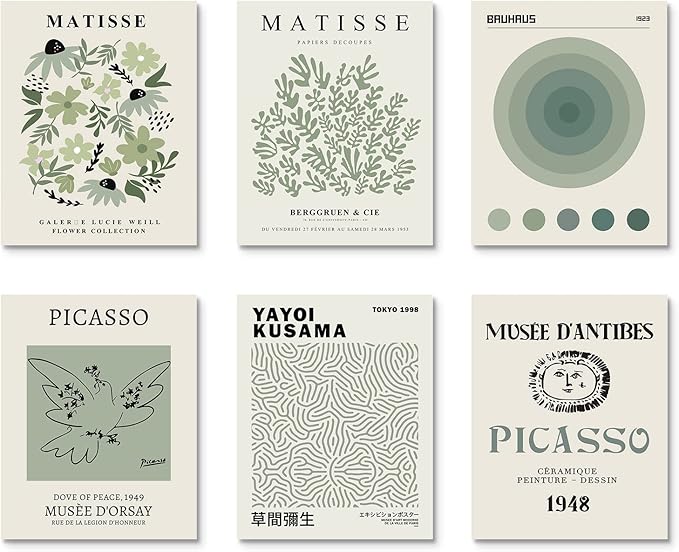 Habseligkeit Sage Green Matisse Wall Art Posters, Boho Vintage Master Wall Decors, Posters for Room Aesthetic Unframed, 11x14in, Set of 6