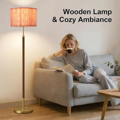 Wood Floor Lamp with 3 Color Temperatures,Vintage Floor Lamp with Remote Control,Dimmable Farmhouse Floor Lamp Mid Century Modern Standing Lamp Farmhouse Tall Pole Lamp for Living Room Bedroom