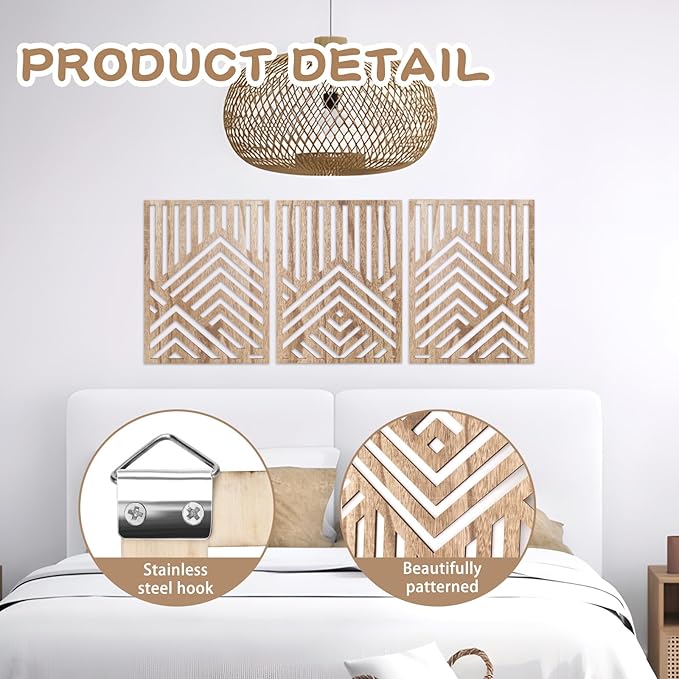 3PCS Wood Mountain Wall Art, Modern Wooden Panel Mountain Wall Decor, Decorative Forest Nature Abstract Line Minimalist Wall Art for Living Room Bedroom Farmhouse, 16.5x 12.5in (Light brown)
