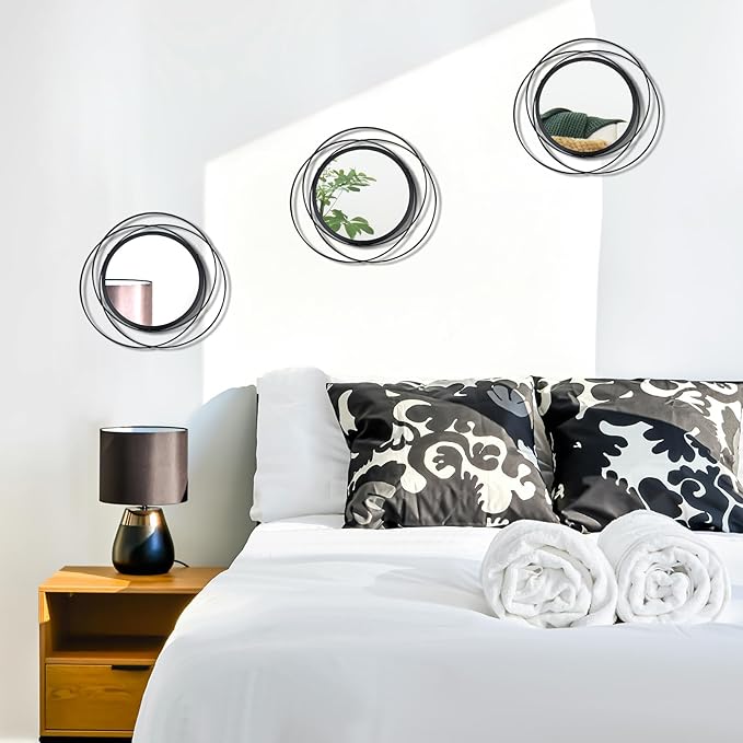 3 Set. Round Mirrors for Wall Decor Living Room Bedroom Bathroom Dining Room Metal Circle Mirror Set Boho Decorative Sunburst Wall Art Accent Entryway - Black 9.5 in.