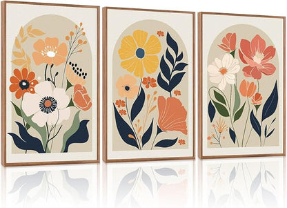 KAIRNE Boho Canvas Wall Art,Abstract Floral Wall Decor,Modern Minimalist Prints Set of 3(24”X36”),Botanical Wall Art Paintings,Bohemian Mid Century Artwork for Living Room Bedroom Office Decor,Framed