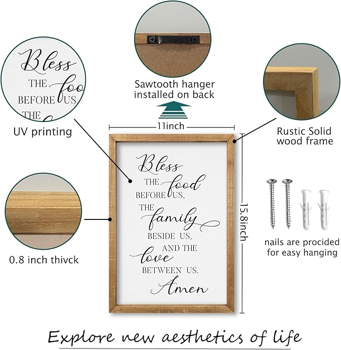 comurdyo Kitchen Wall Decor Bless the Food Before Us Prayer Farmhouse Christian Sign 16"×11" Framed Wood for Small Modern Religious Holy Dining Room Kitchen Plaque Wall Art Hanging (Wood)
