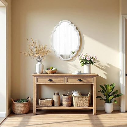 Rustic Oval Mirror 22 X 30 Inch, Hanging Distressed White Scalloped Wood Framed Vintage Mirrors for Wall Decor, Farmhouse Mirror Wall Decor for Bathroom Hallway, Horizontal or Vertical