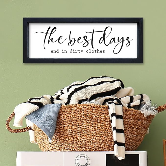 Laundry Room Wall Decor 16"×6" The Best Days End In Dirtiest Clothes Sign Funny Modren Bathroom Large Plaque Wood Framed Wall Hanging Art (Black)