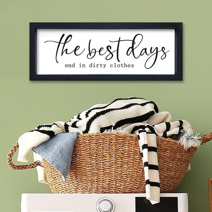 Laundry Room Wall Decor 16"×6" The Best Days End In Dirtiest Clothes Sign Funny Modren Bathroom Large Plaque Wood Framed Wall Hanging Art (Black)