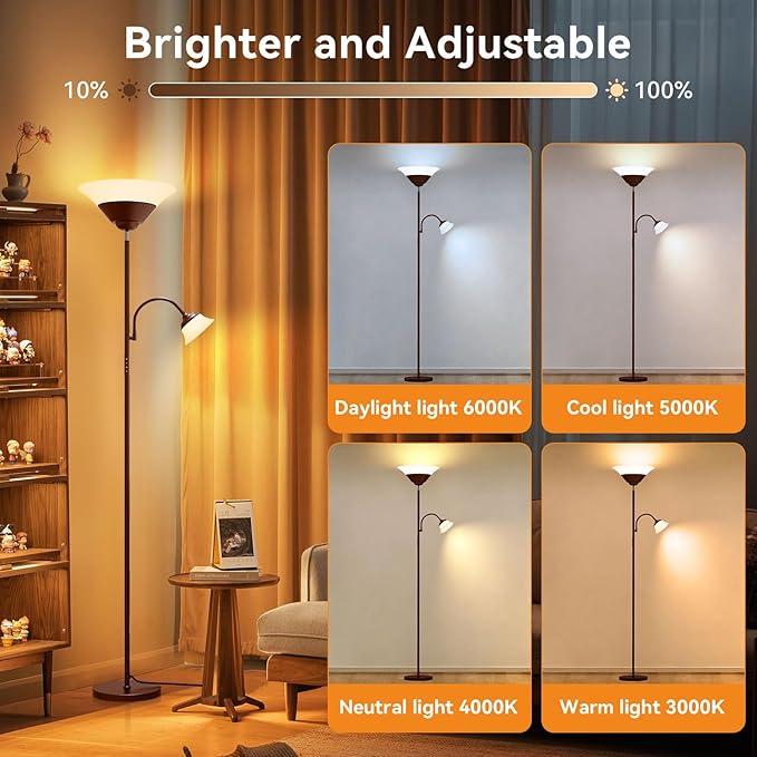 SIBRILLE 2-in-1 Torchiere Floor Lamp, 34W Super Bright LED Standing Lamp with Remote & Touch Control, 72" Dimmable Adjustable Corner Reading Lamp for Living Room, Bedroom, Office, Brown