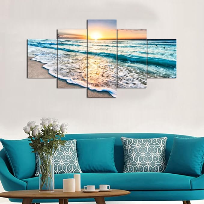 Yatsen Bridge Beach Ocean Painting on Canvas Wall Art, Modern Landscape Scenery Posters and Prints Pictures for Living Room Bedroom, Gallery-wrapped Canvas Art Set Framed (60''W x 32''H)