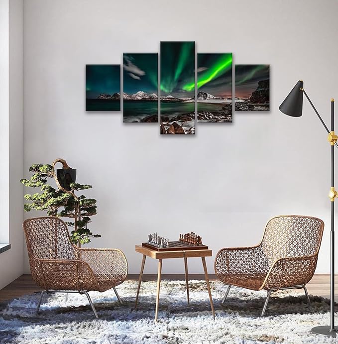 SKASNFAI 5 Piece Alaska Picture Framed Northern Lights Wall Art Green Aurora Borealis Scenery Canvas Wall Decor for Living Room Office Artwork 50x24