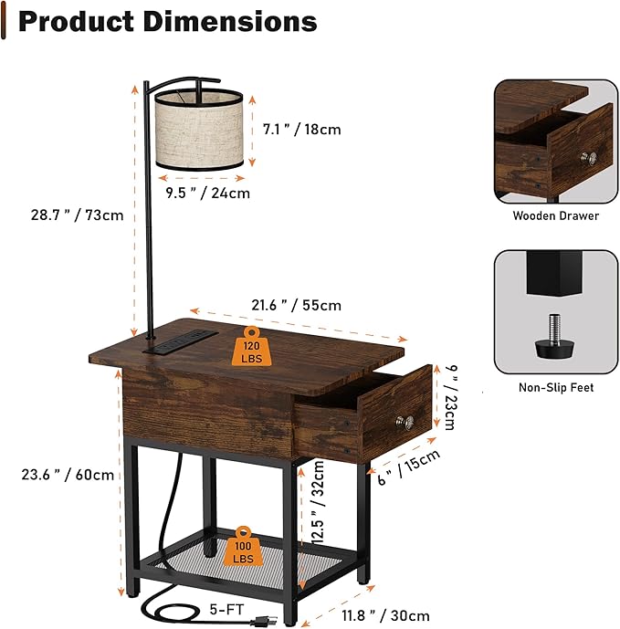 runjuly Floor Lamp with Table, Side Table with Lamp Attached, Narrow End Table with LED Lights and Charging Station, Nightstand with Wood Drawer for Living Room, Bedroom, Rustic Brown