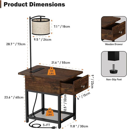 runjuly Floor Lamp with Table, Side Table with Lamp Attached, Narrow End Table with LED Lights and Charging Station, Nightstand with Wood Drawer for Living Room, Bedroom, Rustic Brown