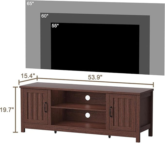 ChooChoo 54" Farmhouse TV Stand for TVs up to 65 inches, Entertainment Center with Storage Cabinets, Open Shelves and Fluted Door, TV Console Table for Living Room, Bedroom, Walnut
