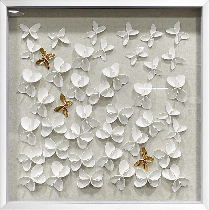BrightA 3D Textured wall decorations, leather and metal-tinged golden and white metal butterfly wall sculptures, large artworks, gradient colors, modern artworks, suitable for decoration in living rooms and bedrooms (23.6"x23.6", White wooden frame)