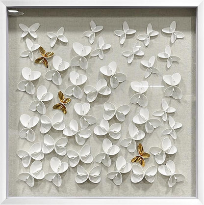 BrightA 3D Textured wall decorations, leather and metal-tinged golden and white metal butterfly wall sculptures, large artworks, gradient colors, modern artworks, suitable for decoration in living rooms and bedrooms (23.6"x23.6", White wooden frame)