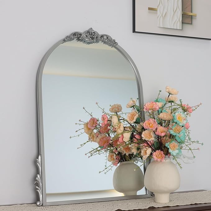 2pcs 26''x20'' Silver Antique Gold Arched Wall Mirror with Metal Flower Carving Frame, Small Vintage Retro Baroque Mirror Ornate, Vanity Mirror for Bathroom, Fireplace,Entryway, Living Room