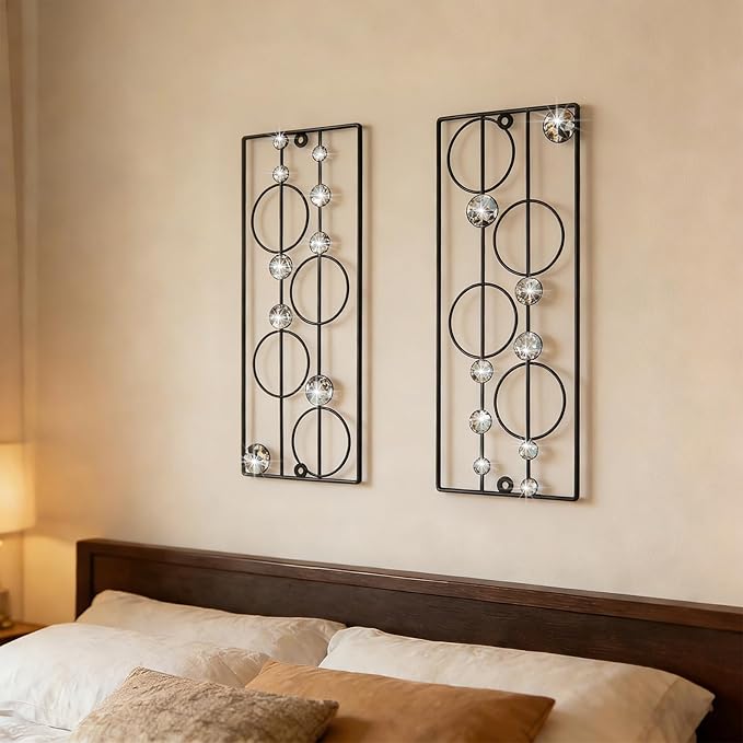 ZEXUIRU 2 Pack Bling Abstract Metal Wall Art Minimalist Line Jeweled Crystal Wall Decor Modern Geometric Rhinestone Hanging Wall Sculpture for Living Room Bedroom Bathroom Office