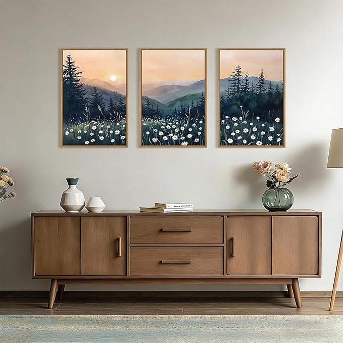KAIRNE Mountain Floral Landscape Framed Canvas Wall Art Set,Watercolor Forest Wall Decor,Misty Pine Tree Art Prints,Nature Sunset Scenery Artwork for Living Room,Bedroom,Farmhouse,Office-16 x24 x3