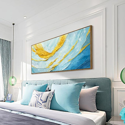 Nicetop Framed Abstract Wall Art for Living Room– Large Size Coastal Canvas Print Modern Picture Horizontal Blue and Gold Artwork with Wood Frame for Bedroom Home Office Aesthetic Decor 48x24 Inch