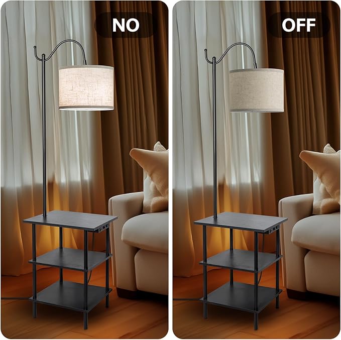 EOEYYOYB Floor Lamp with 3-Tier Shelves, End Table Lamp with USB Charging Port Power Outlet, Side Table Reading Light with 3 Color Temperature Led Bulb Included, Floor Lamps for Living Room, Black